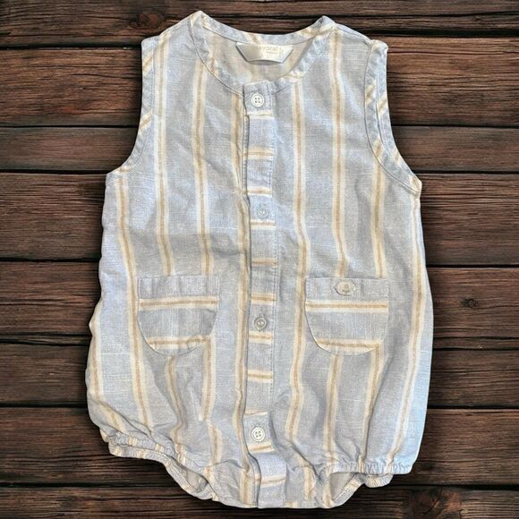 Other - Mayoral Baby Boy 3-6M Linen Cotton Romper Blue Beige Stripe Sleeveless